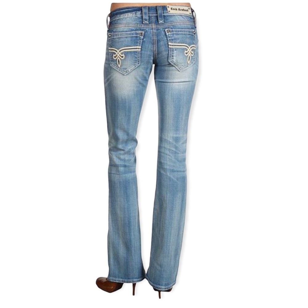 Rock Revival Cameron Boot Light Wash Contrast Stitch Embellished Jeans Size 25